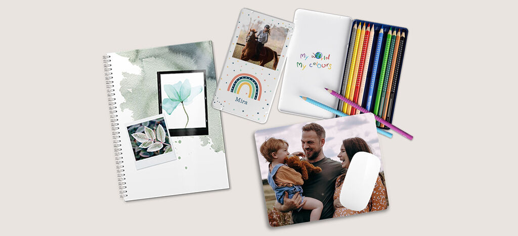 Matériel scolaire personnalisé avec une boîte de crayons, un cahier et un tapis de souris