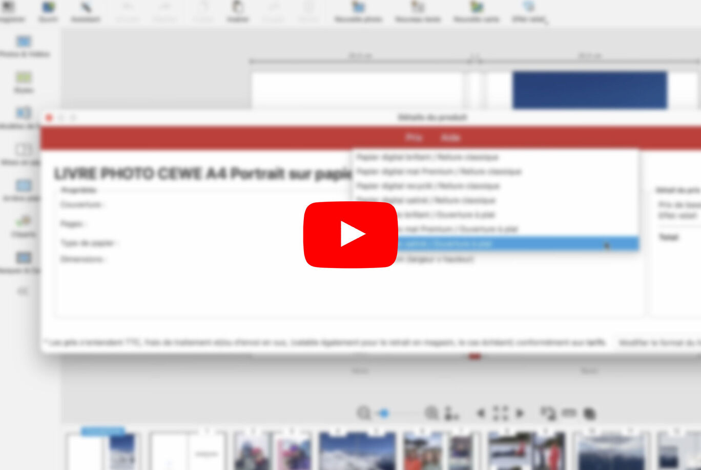 Capture d'écran d'un guide pour créer un CEWE Fotobuch, avec un bouton lecture pour une vidéo.
