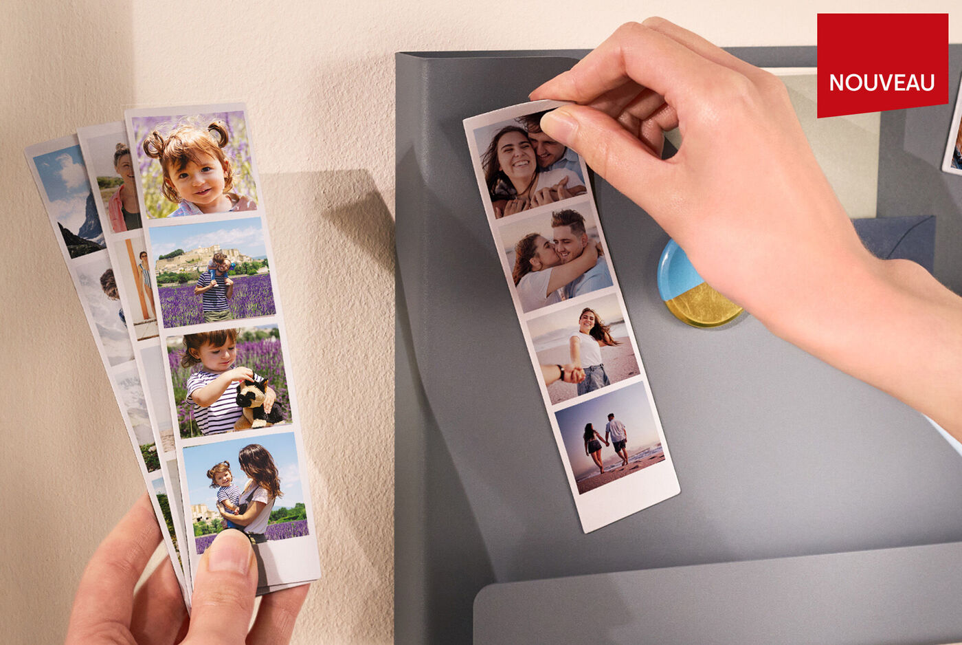 Magnets personnalisés format cabine montrant des photos d'un couple avec leur enfant