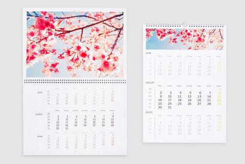 Calendrier photo lumineux avec des cerisiers en fleurs et une présentation colorée des dates
