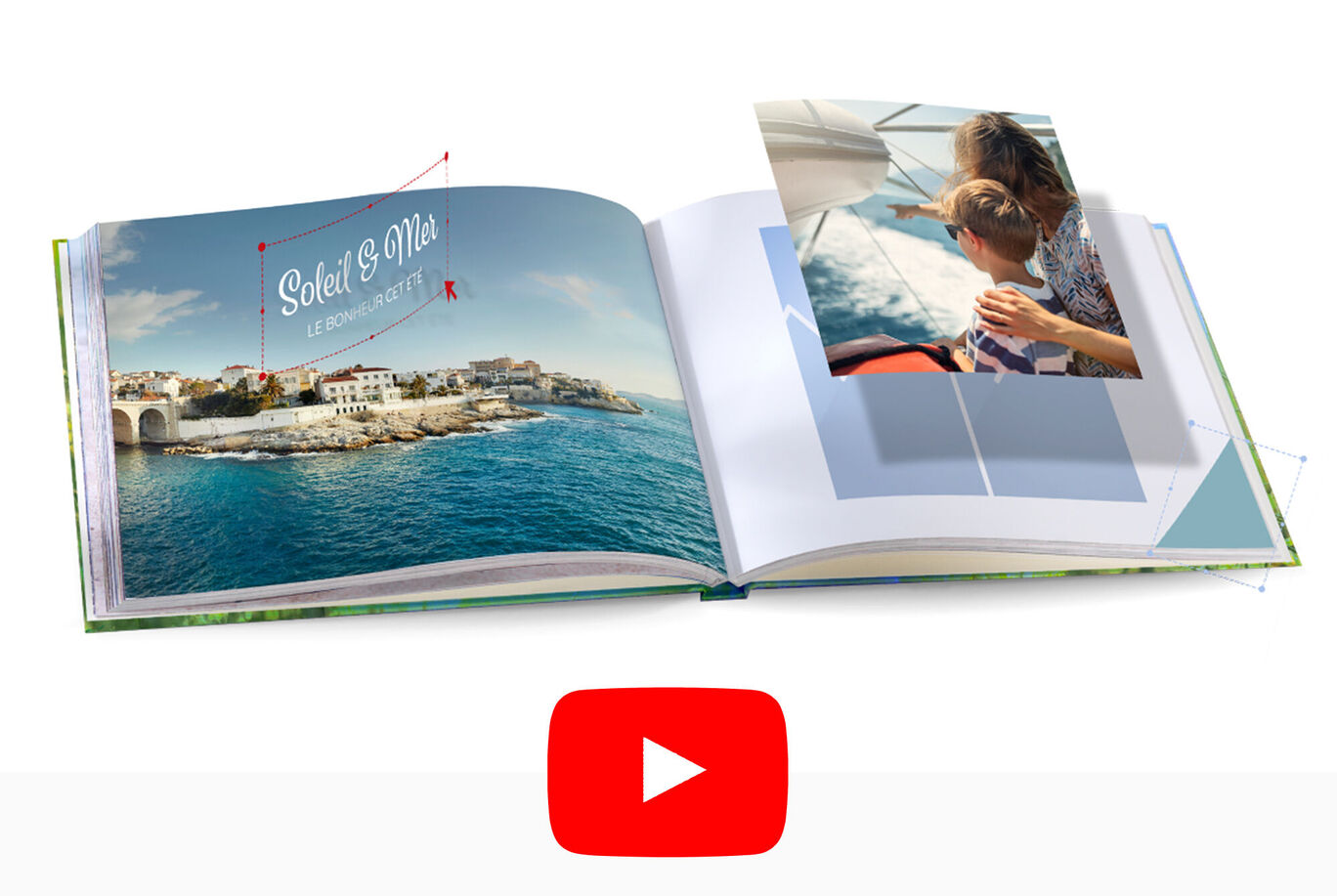 Livre photo CEWE ouvert avec des images de vacances à la mer et un beau paysage