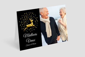 Une carte de vœux soigneusement conçue avec un renne doré et des étoiles scintillantes, idéale pour des messages personnels.