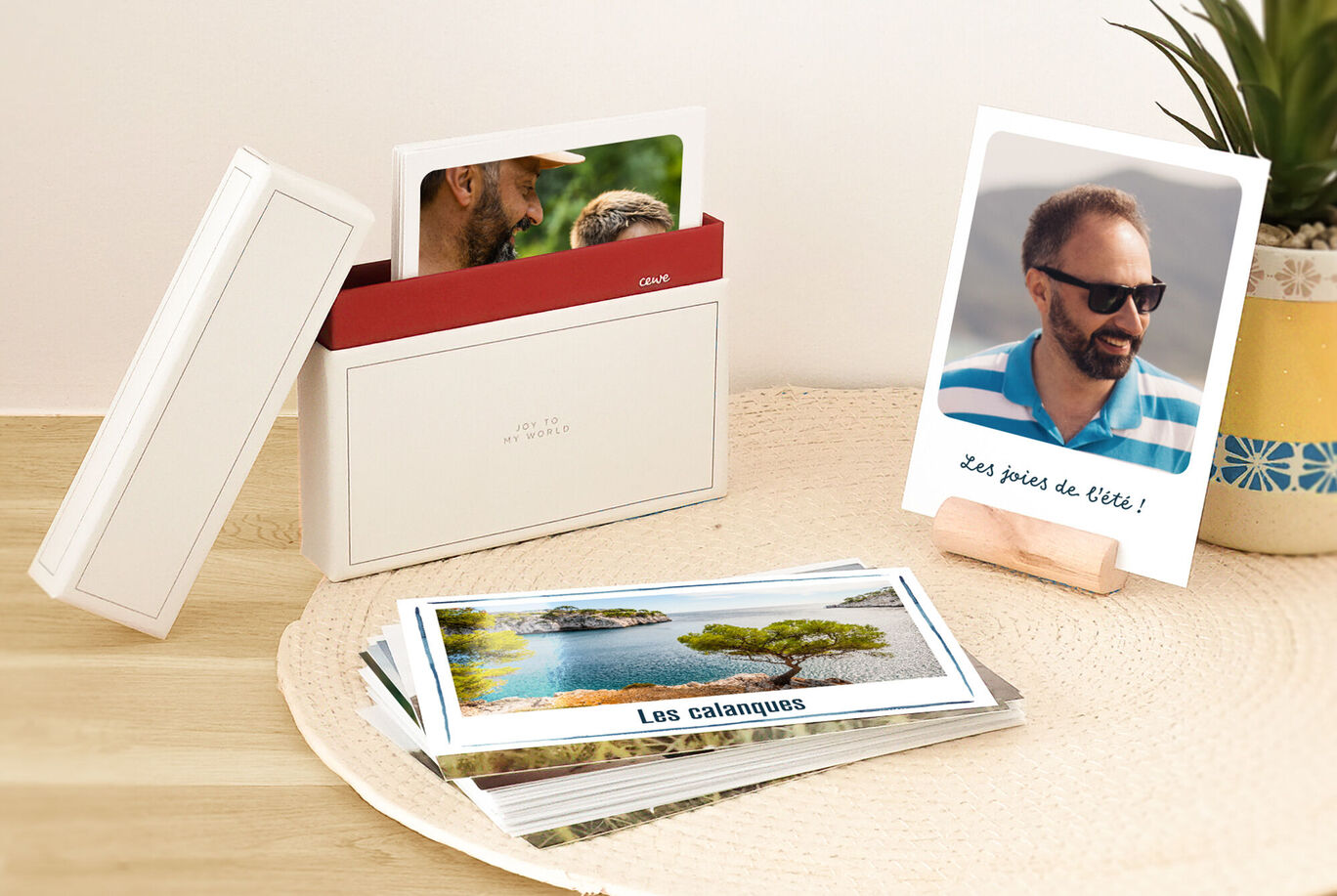 Une disposition créative d'images avec des photos dans un album stylé et une carte.