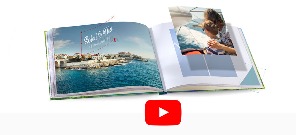 Un livre photo ouvert avec des images d'une belle maison de campagne et un enfant à la fenêtre