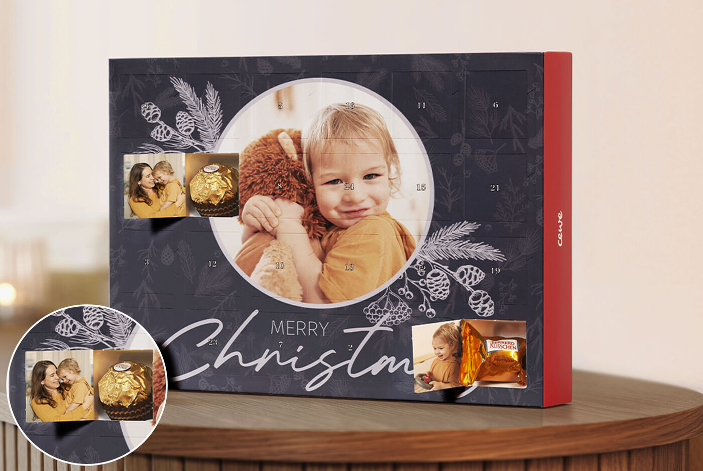 Calendrier de l'Avent personnalisé avec des chocolats Ferrero et 24 fenêtres personnalisables avec une photo