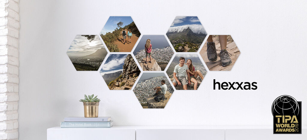 Image créative avec des photos hexagonales de moments de voyage, y compris nature et aventure.