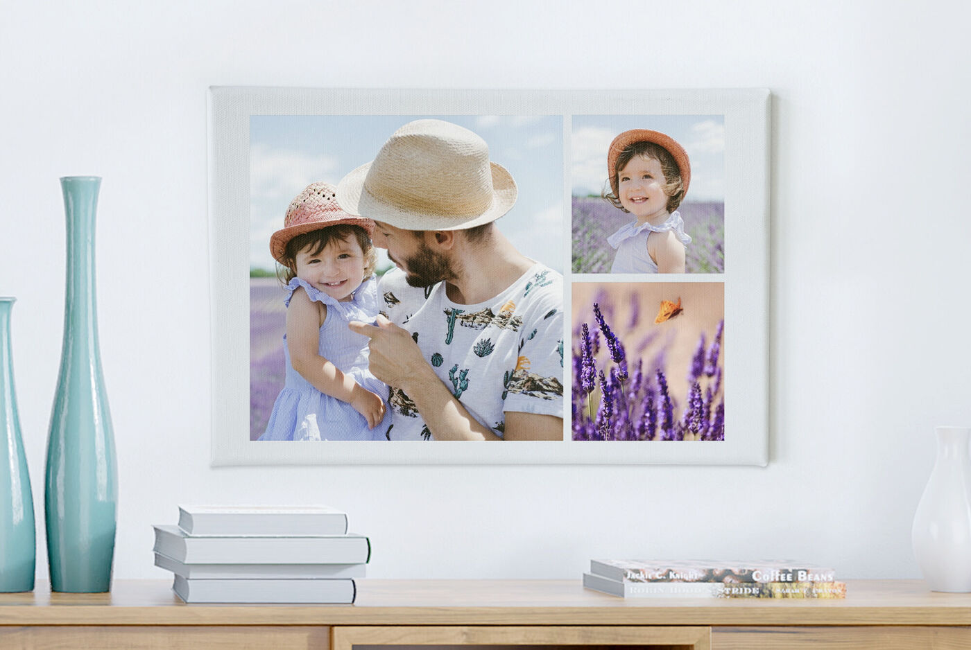 Pêle-mêle de photos sur toile montrant des photos de famille dans un champ de lavande