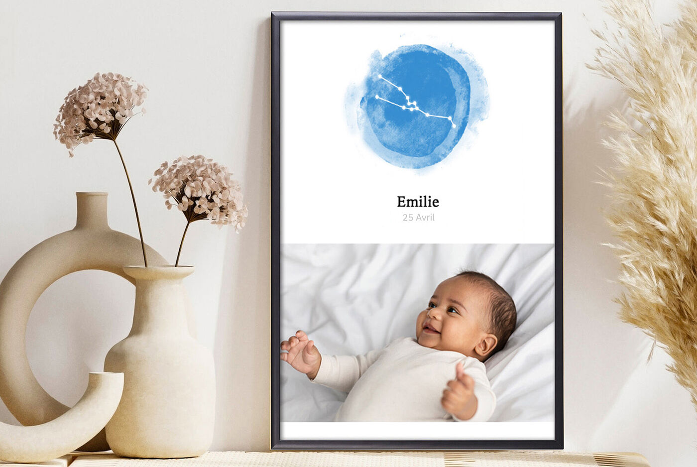 Poster encadré avec la photo d'un bébé et son signe du zodiaque