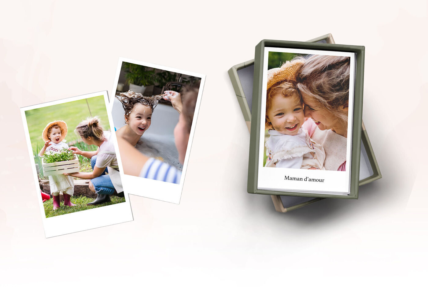 Trois photos : un enfant avec une boîte, une personne avec un serpent, une mère et son enfant dans une boîte 'Maman d'amour'.