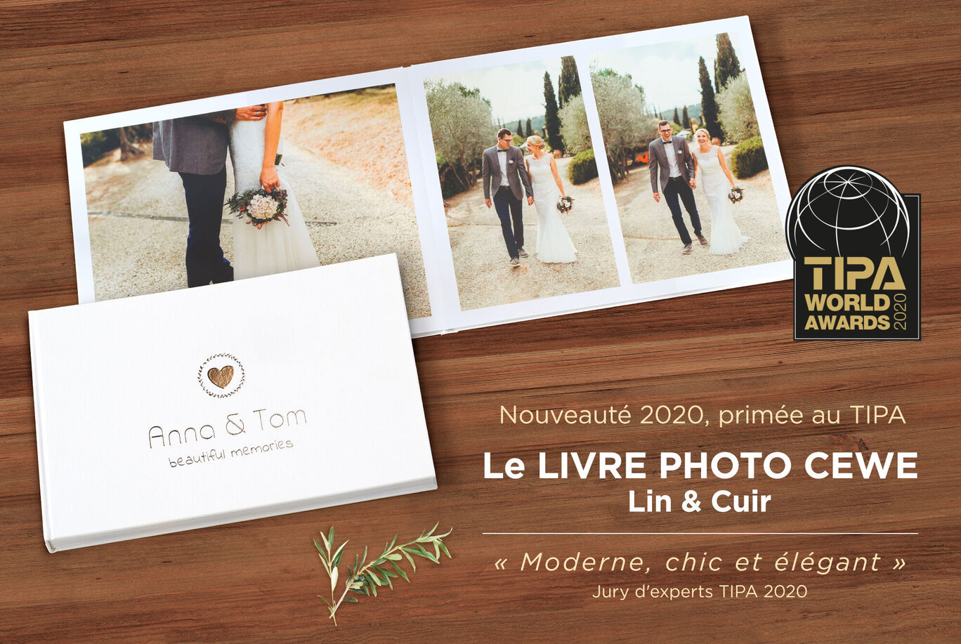 Un album photo CEWE au design élégant, avec des photos d'un couple marié en paysage pittoresque.